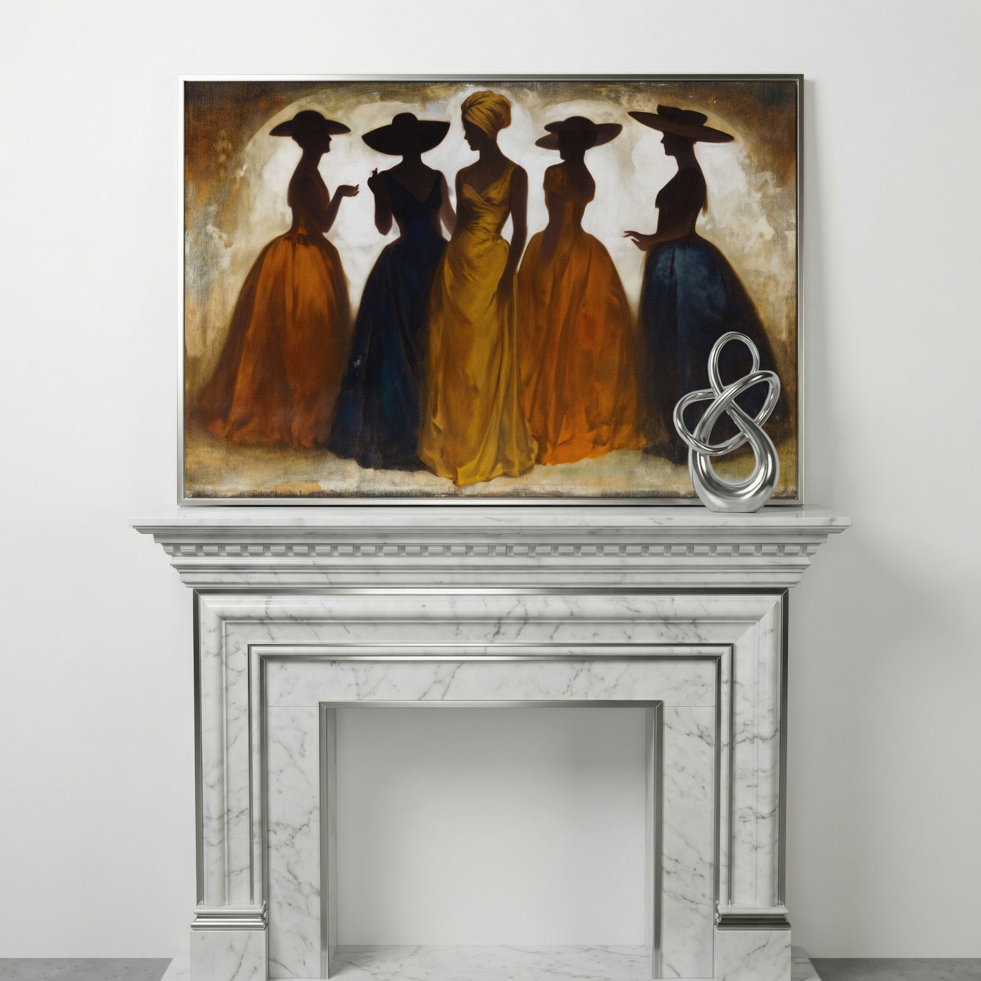 Five Silhouetted Women in Hats, Art Nouveau Canvas Wall Art in silver floating frame