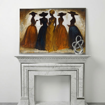 Five Silhouetted Women in Hats, Art Nouveau Canvas Wall Art in silver floating frame
