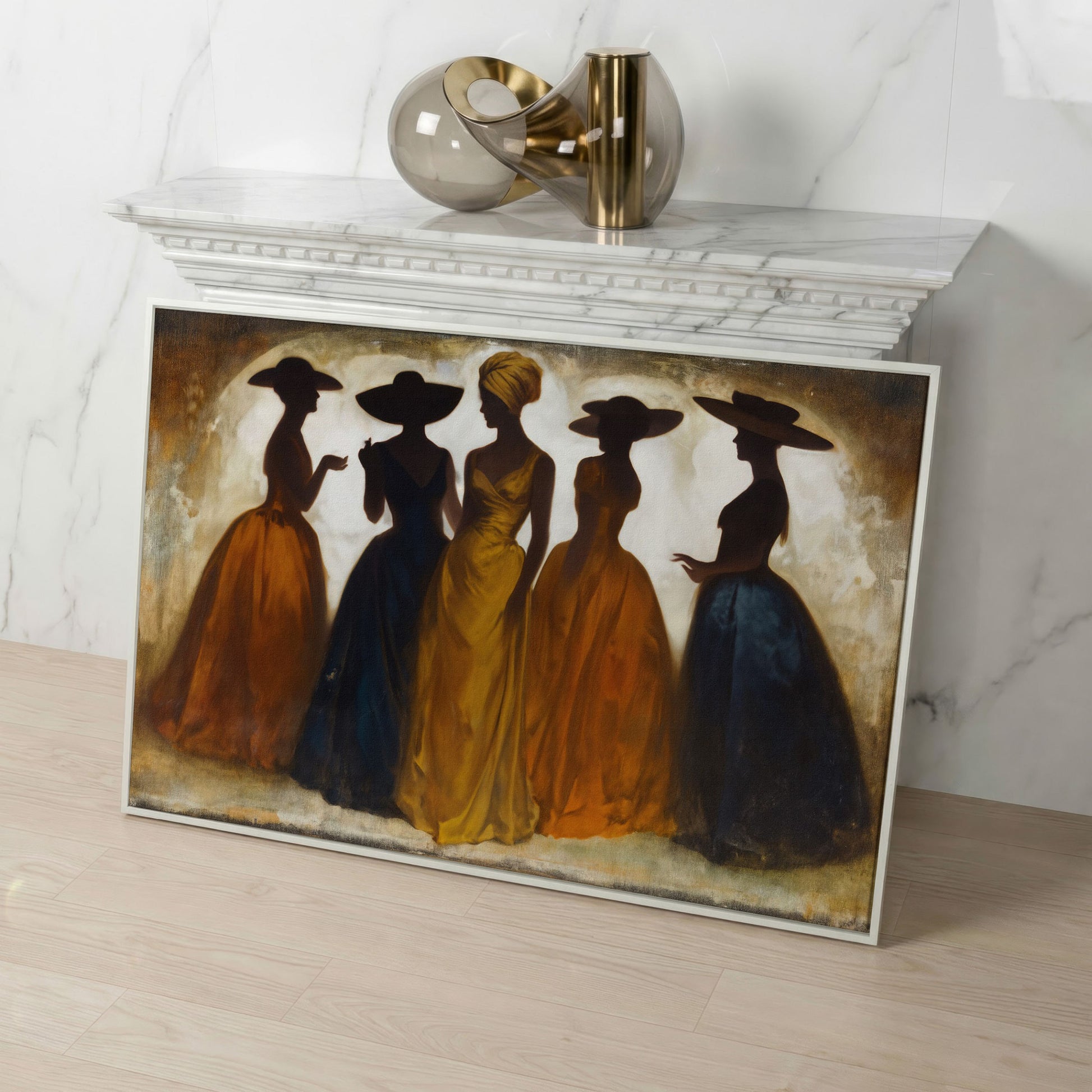 Five Silhouetted Women in Hats, Art Nouveau Canvas Wall Art in white floating frame