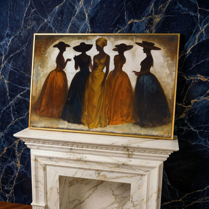 Five Silhouetted Women in Hats, Art Nouveau Canvas Wall Art in yellow gold floating frame