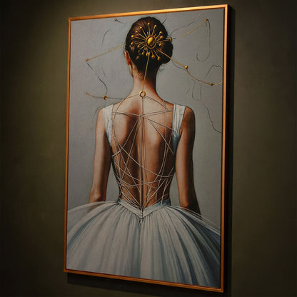 Ballerina with Golden Headpiece. Canvas Wall Art shown in antique gold floating frame