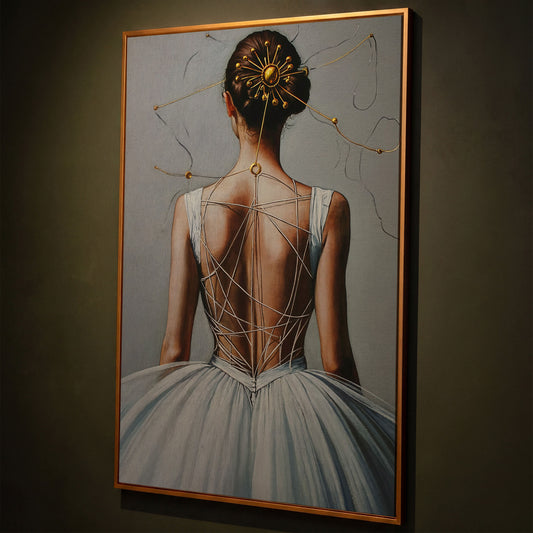 Ballerina with Golden Headpiece. Canvas Wall Art shown in antique gold floating frame