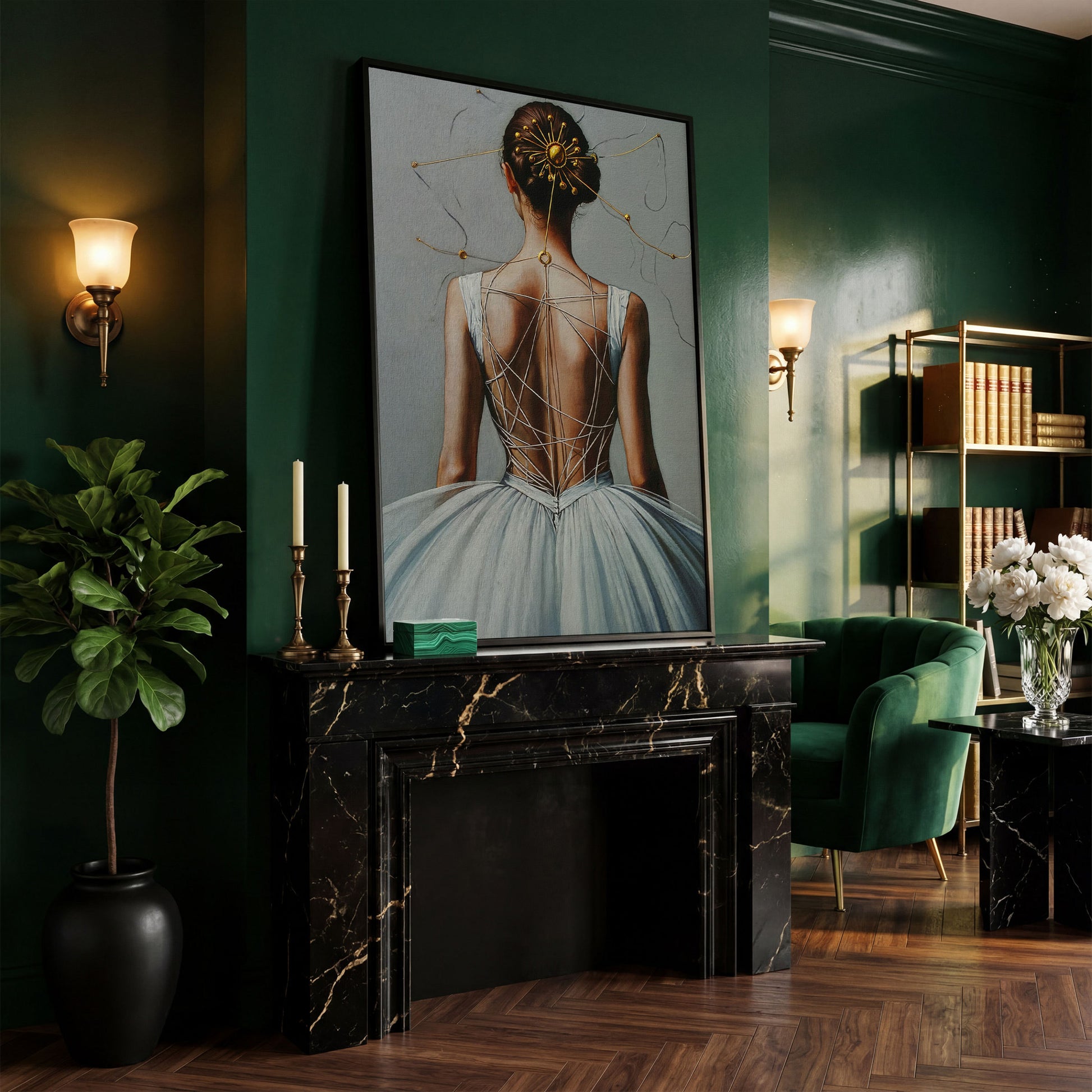 Ballerina with Golden Headpiece. Canvas Wall Art in black floating frame