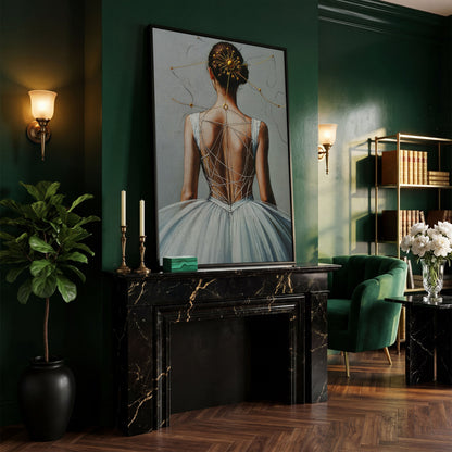 Ballerina with Golden Headpiece. Canvas Wall Art in black floating frame