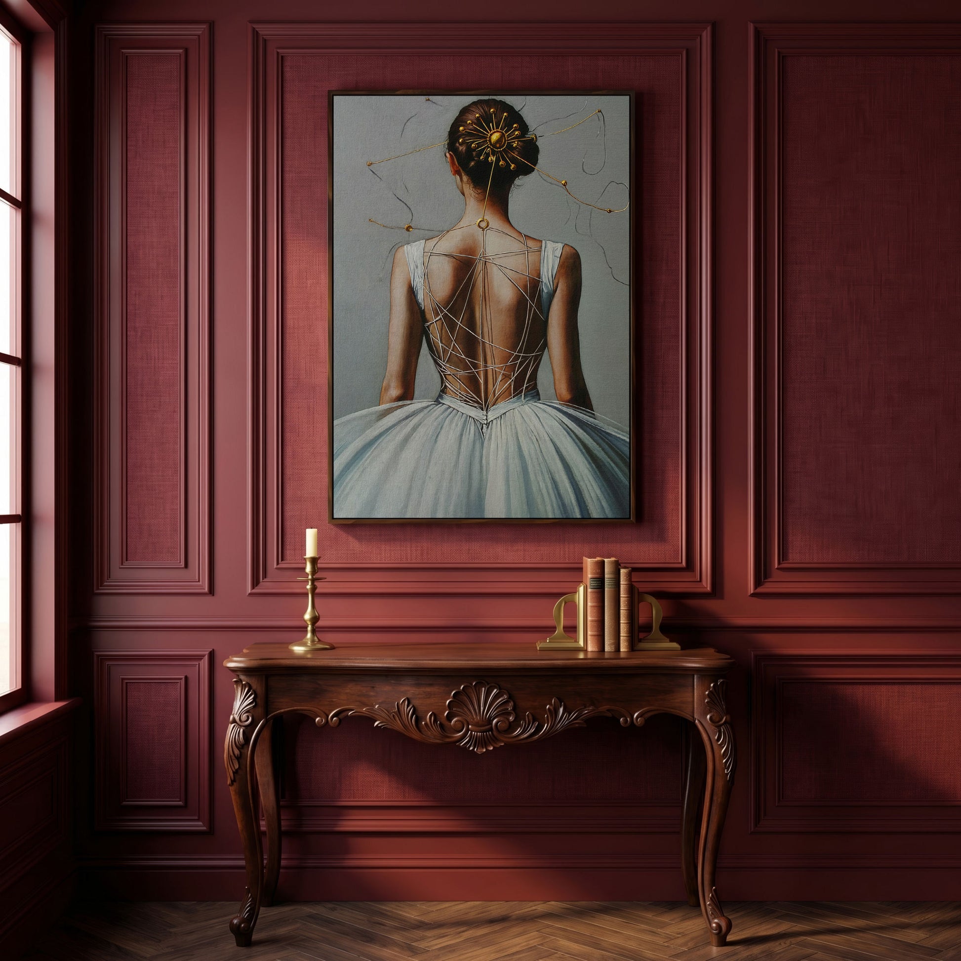 Ballerina with Golden Headpiece. Canvas Wall Art in dark walnut floating frame