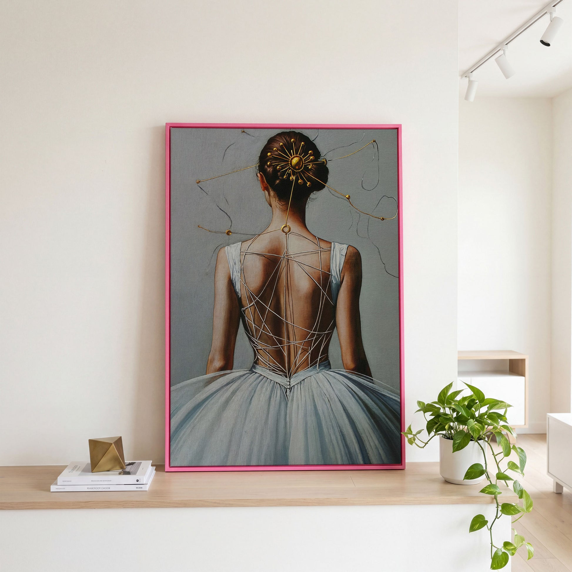 Ballerina with Golden Headpiece. Canvas Wall Art in pink floating frame