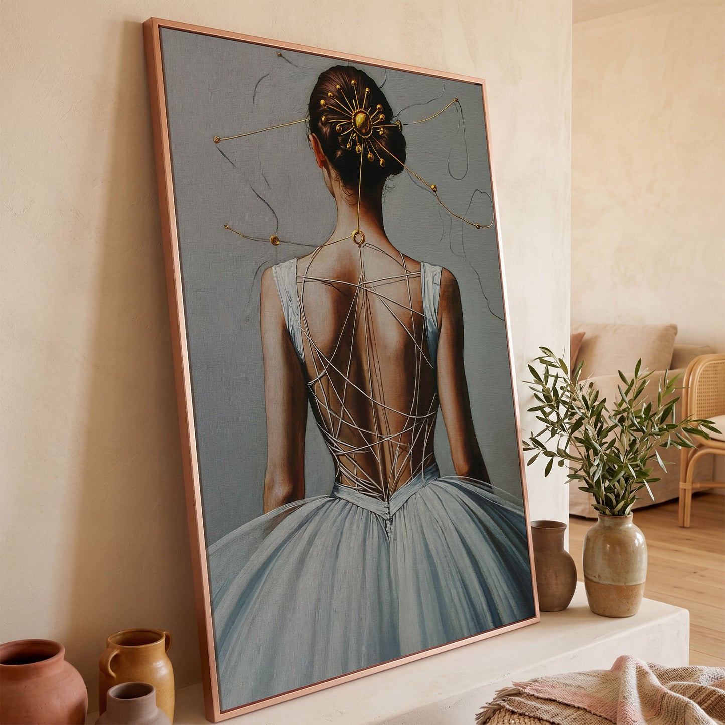 Ballerina with Golden Headpiece. Canvas Wall Art in rose gold floating frame