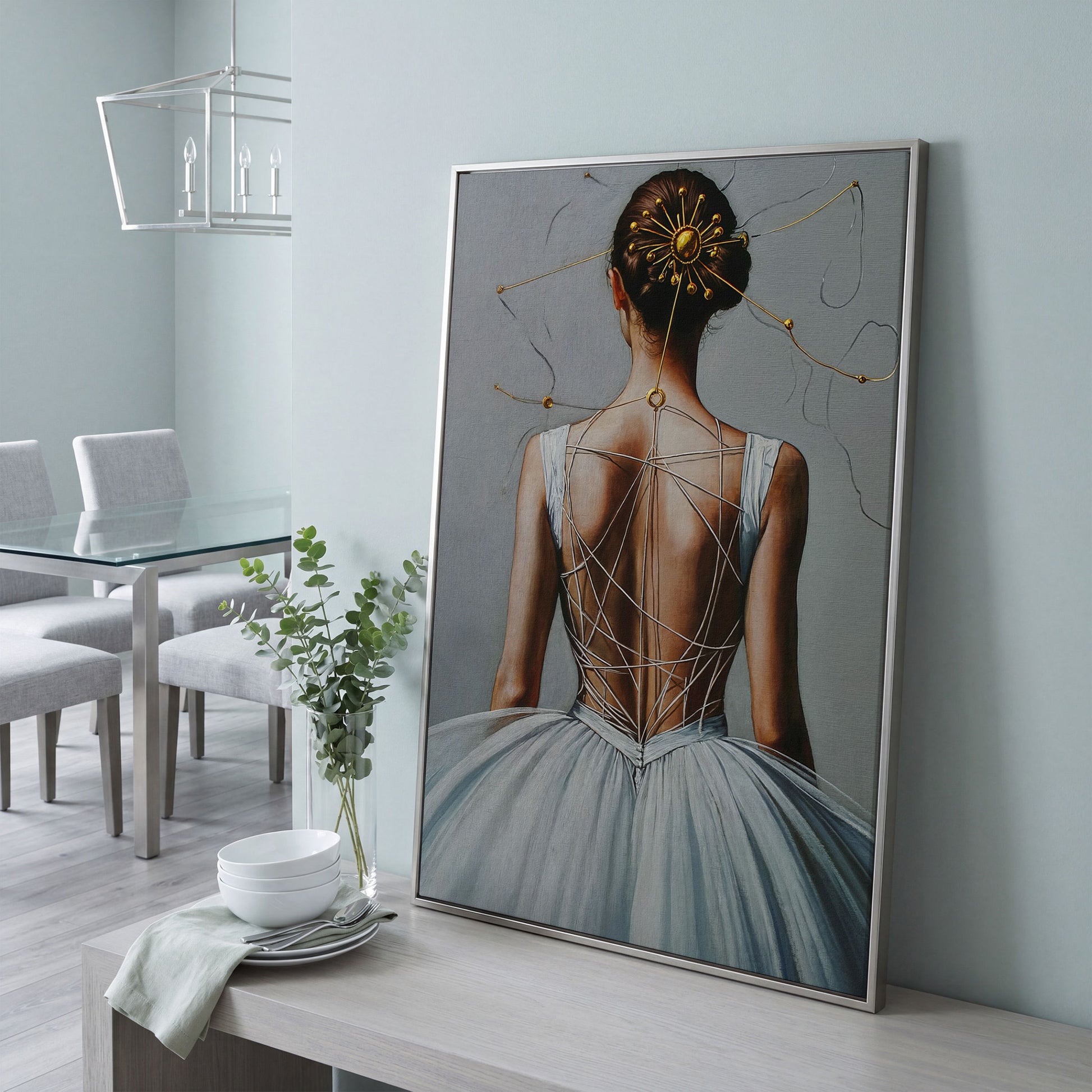 Ballerina with Golden Headpiece. Canvas Wall Art in silver floating frame
