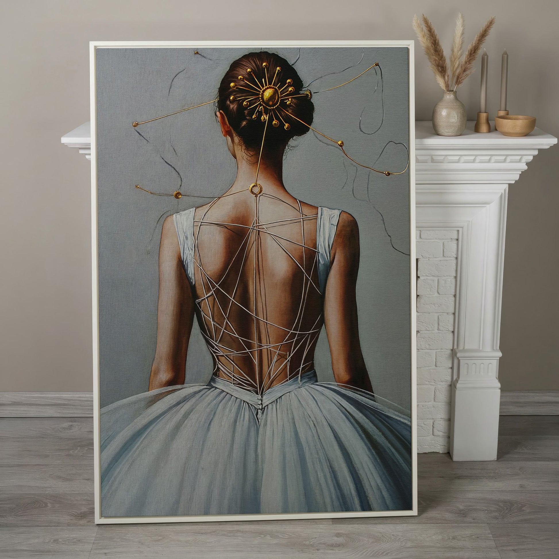 Ballerina with Golden Headpiece. Canvas Wall Art in white floating frame
