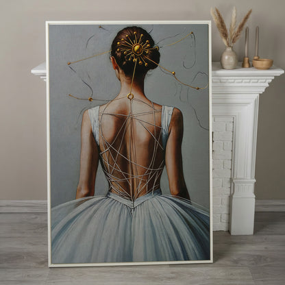 Ballerina with Golden Headpiece. Canvas Wall Art in white floating frame