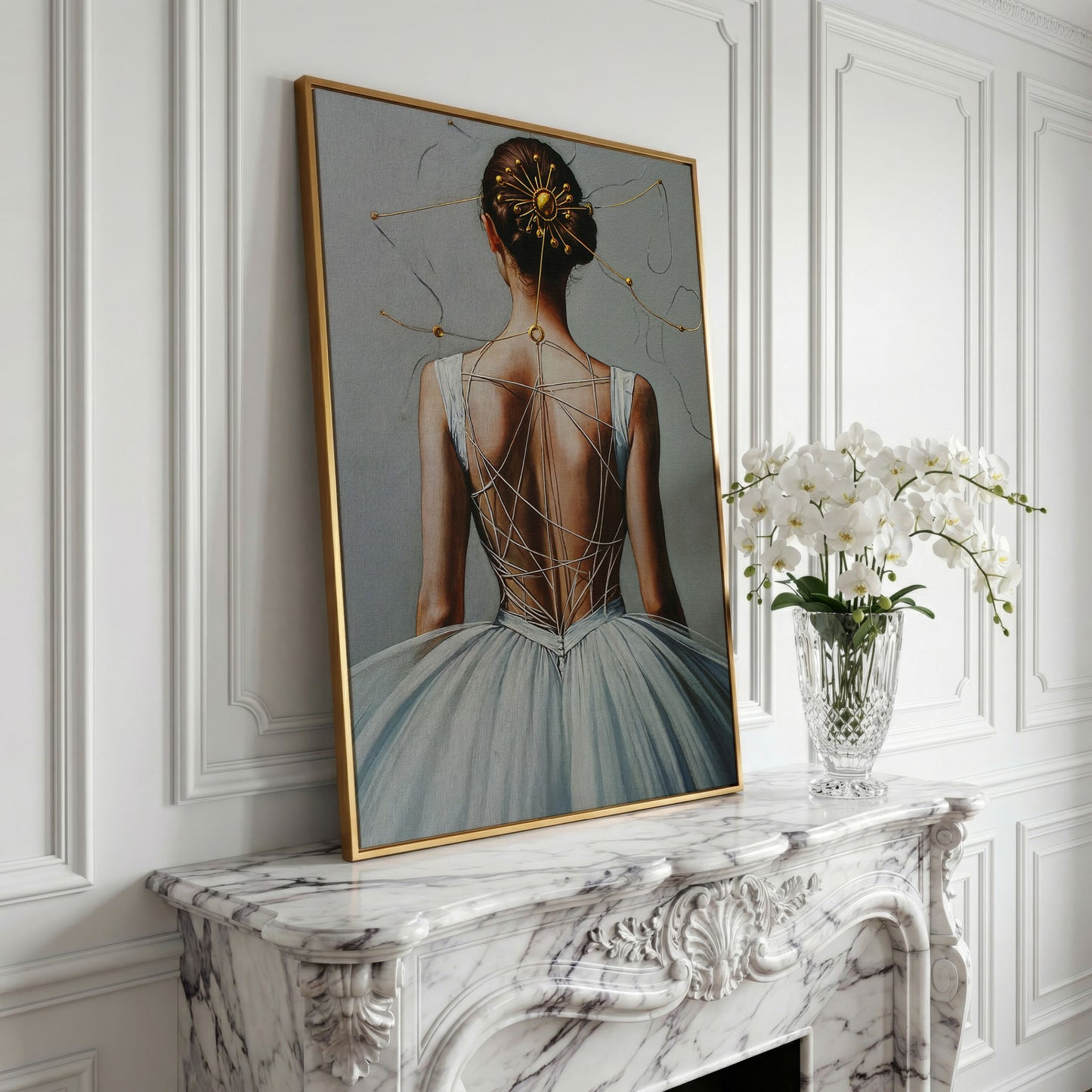 Ballerina with Golden Headpiece. Canvas Wall Art in yellow gold floating frame