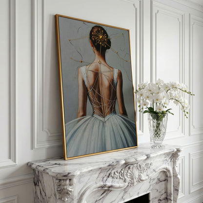 Ballerina with Golden Headpiece. Canvas Wall Art in yellow gold floating frame