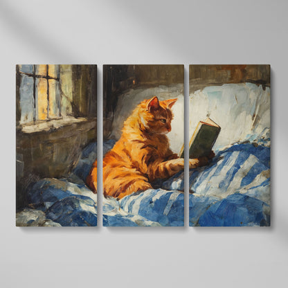 Orange Tabby Cat Reading in Bed Canvas Wall Art as 3-panel split version