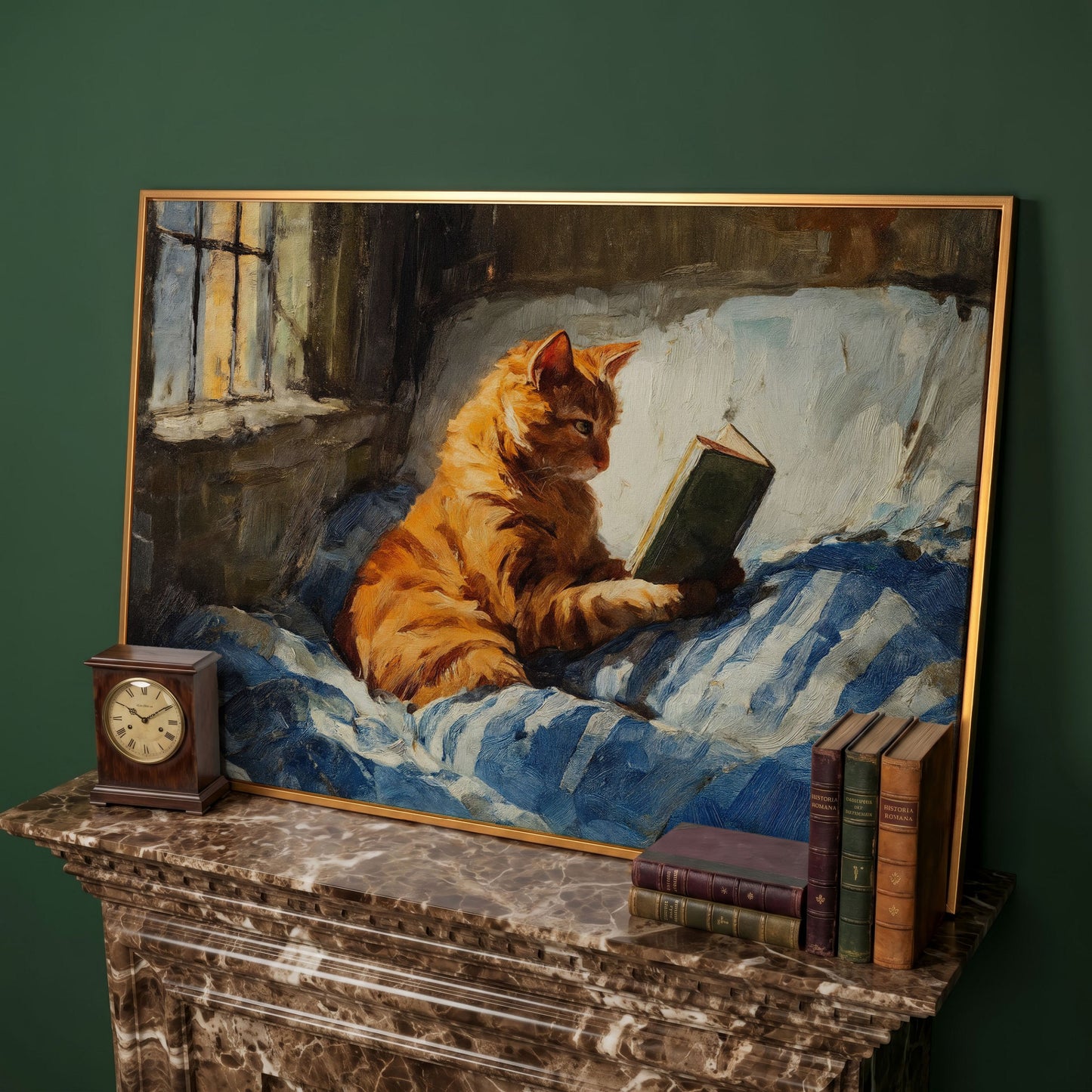 Orange Tabby Cat Reading in Bed Canvas Wall Art in antique gold floating frame
