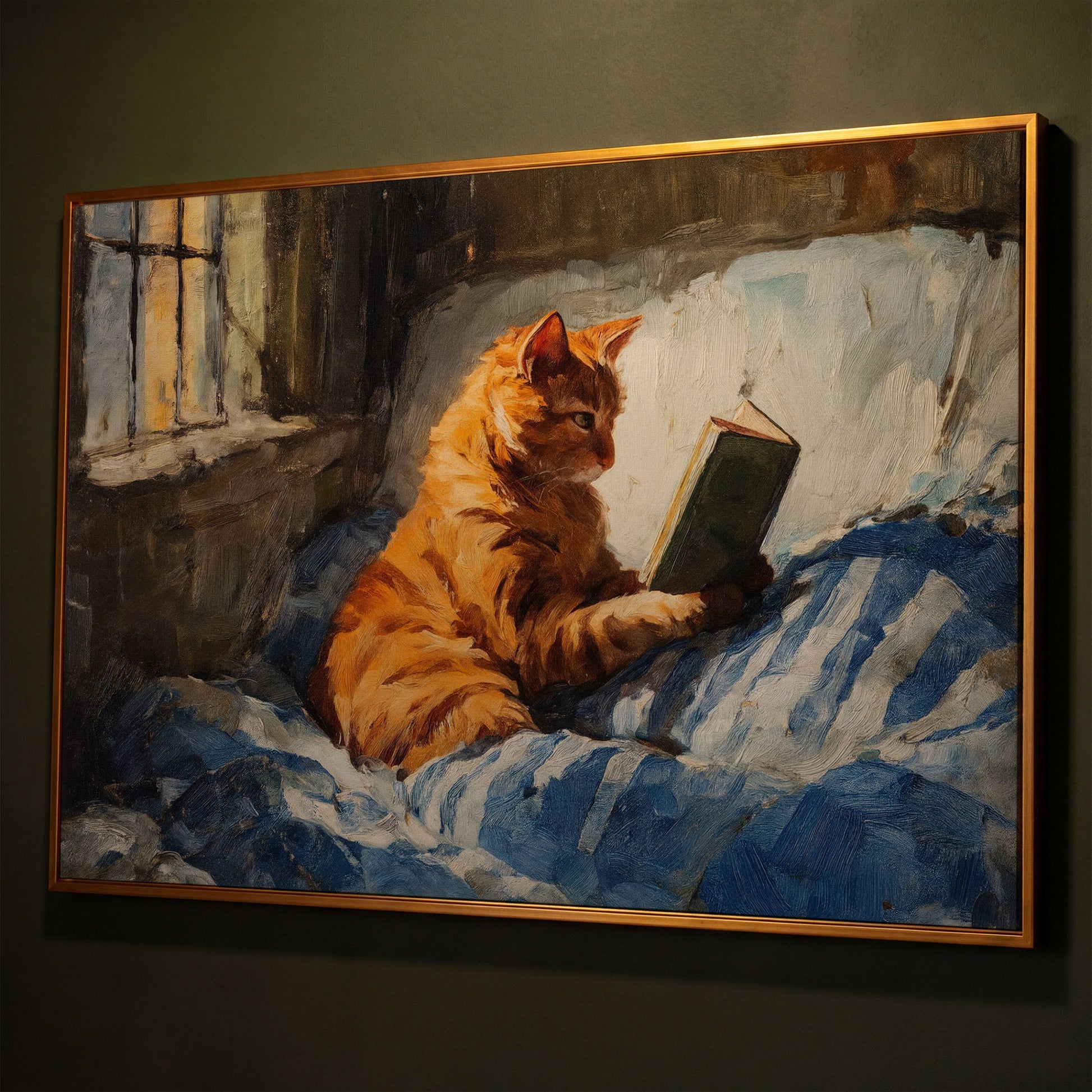Orange Tabby Cat Reading in Bed Canvas Wall Art shown in antique gold floating frame