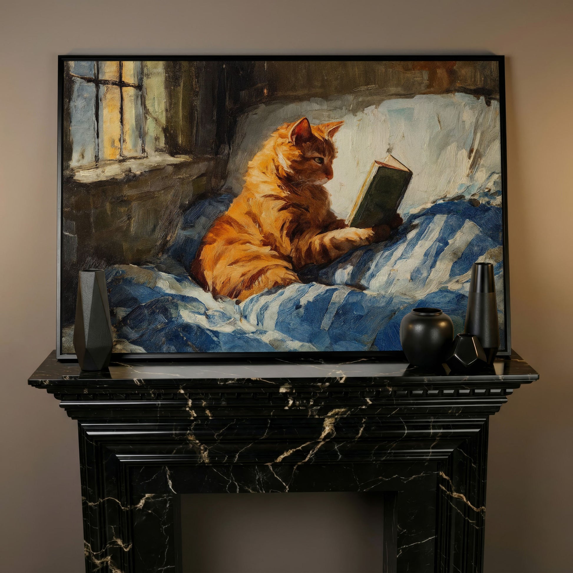Orange Tabby Cat Reading in Bed Canvas Wall Art in black floating frame