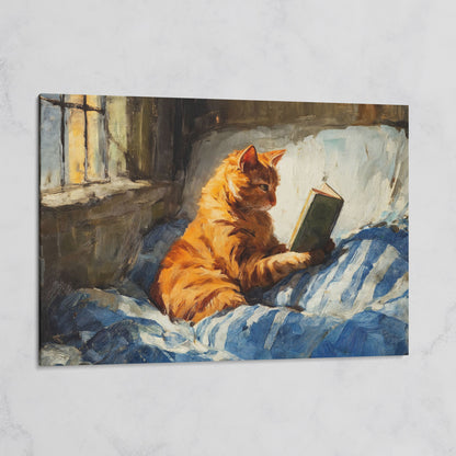 Orange Tabby Cat Reading in Bed Canvas Wall Art on gallery wrap