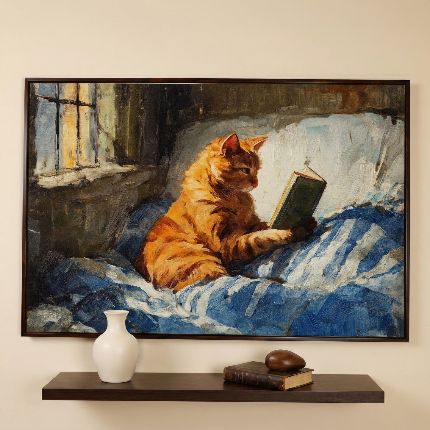 Orange Tabby Cat Reading in Bed Canvas Wall Art in dark walnut floating frame