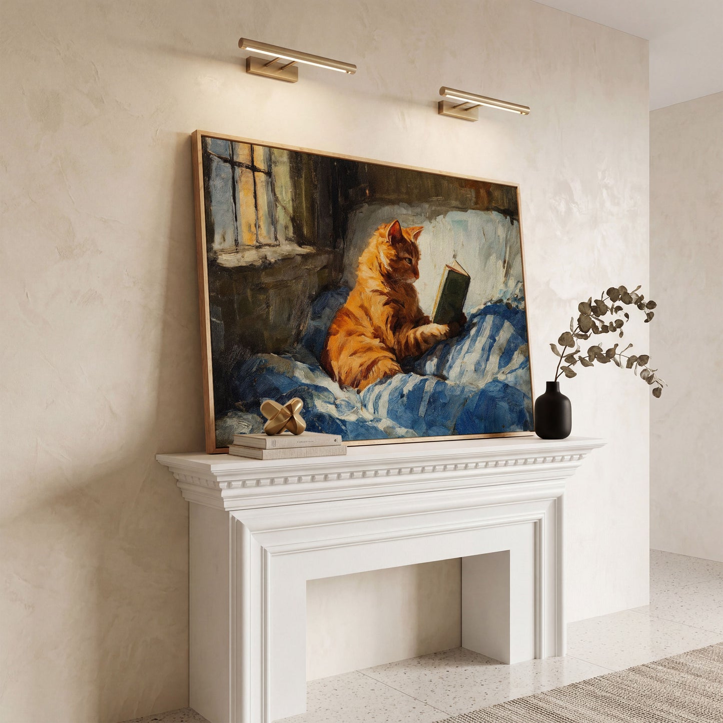 Orange Tabby Cat Reading in Bed Canvas Wall Art in white oak floating frame