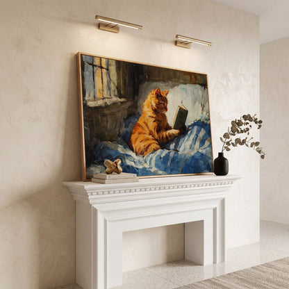 Orange Tabby Cat Reading in Bed Canvas Wall Art in white oak floating frame
