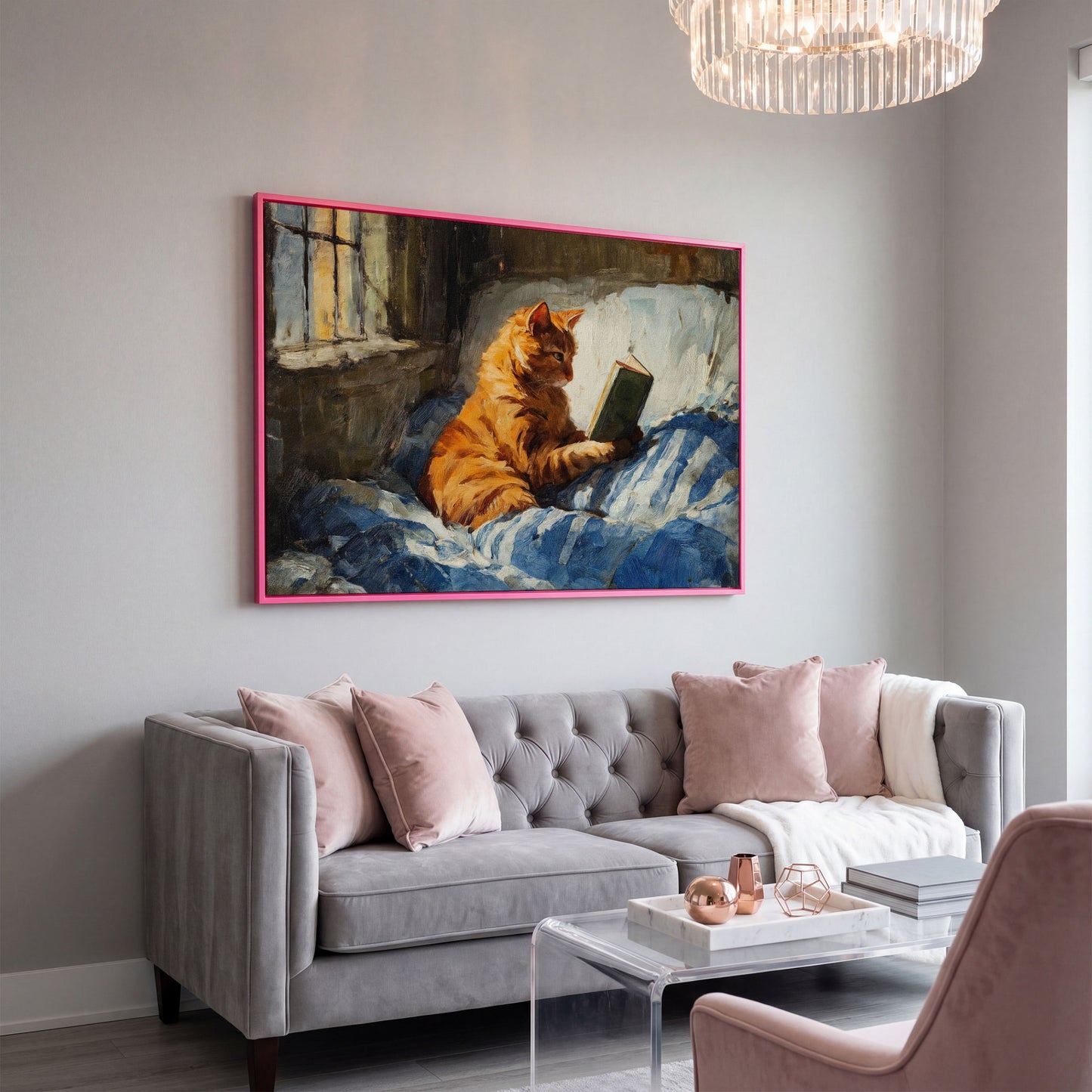 Orange Tabby Cat Reading in Bed Canvas Wall Art in pink floating frame