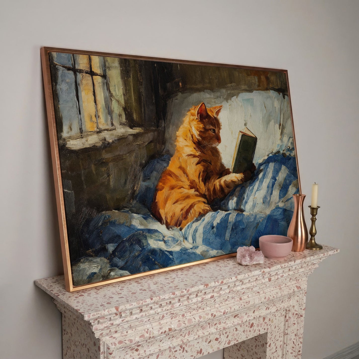 Orange Tabby Cat Reading in Bed Canvas Wall Art in rose gold floating frame