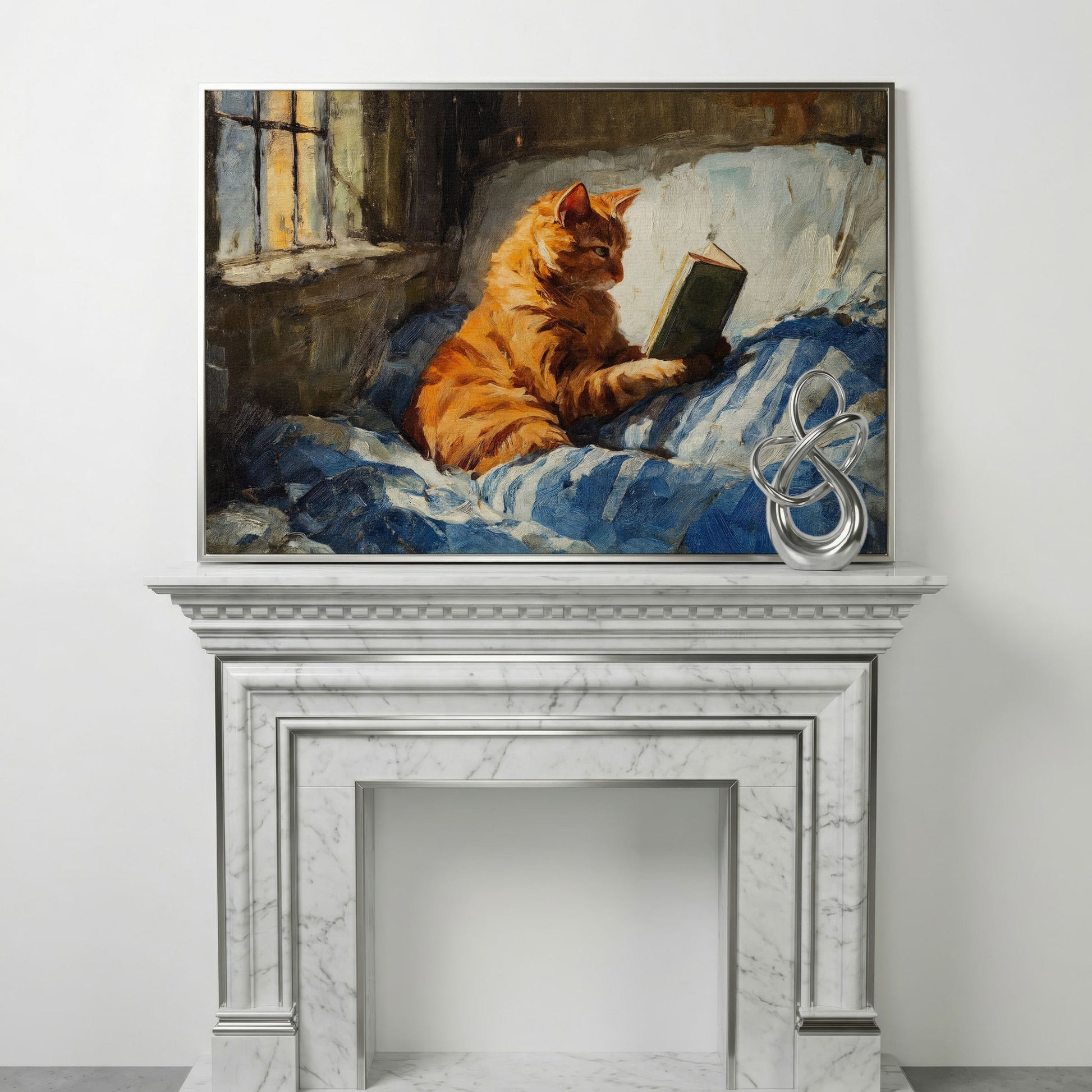 Orange Tabby Cat Reading in Bed Canvas Wall Art in silver floating frame