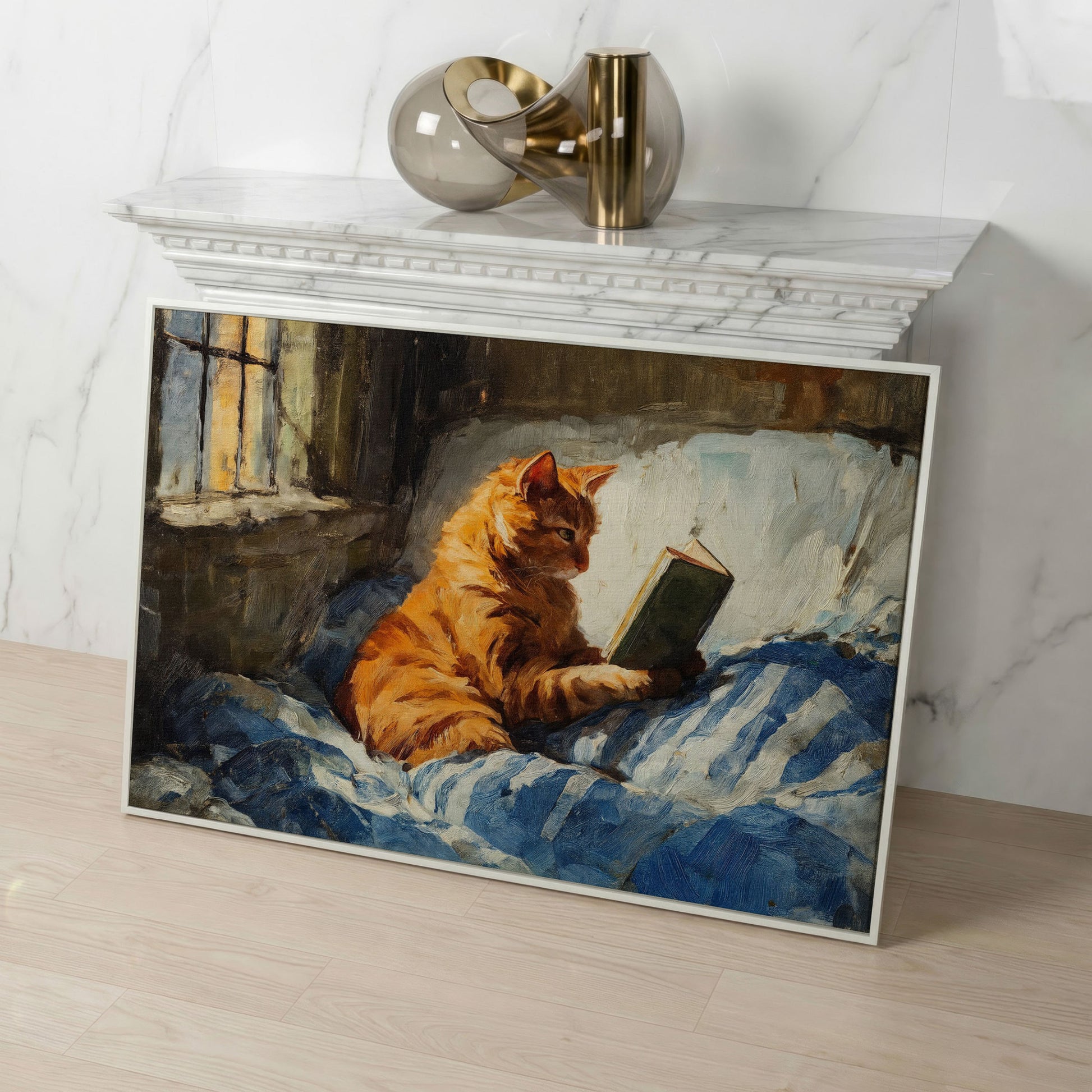 Orange Tabby Cat Reading in Bed Canvas Wall Art in white floating frame
