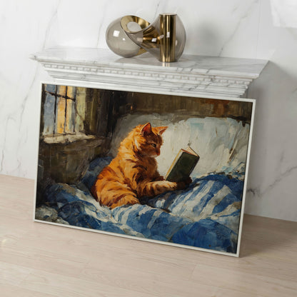 Orange Tabby Cat Reading in Bed Canvas Wall Art in white floating frame