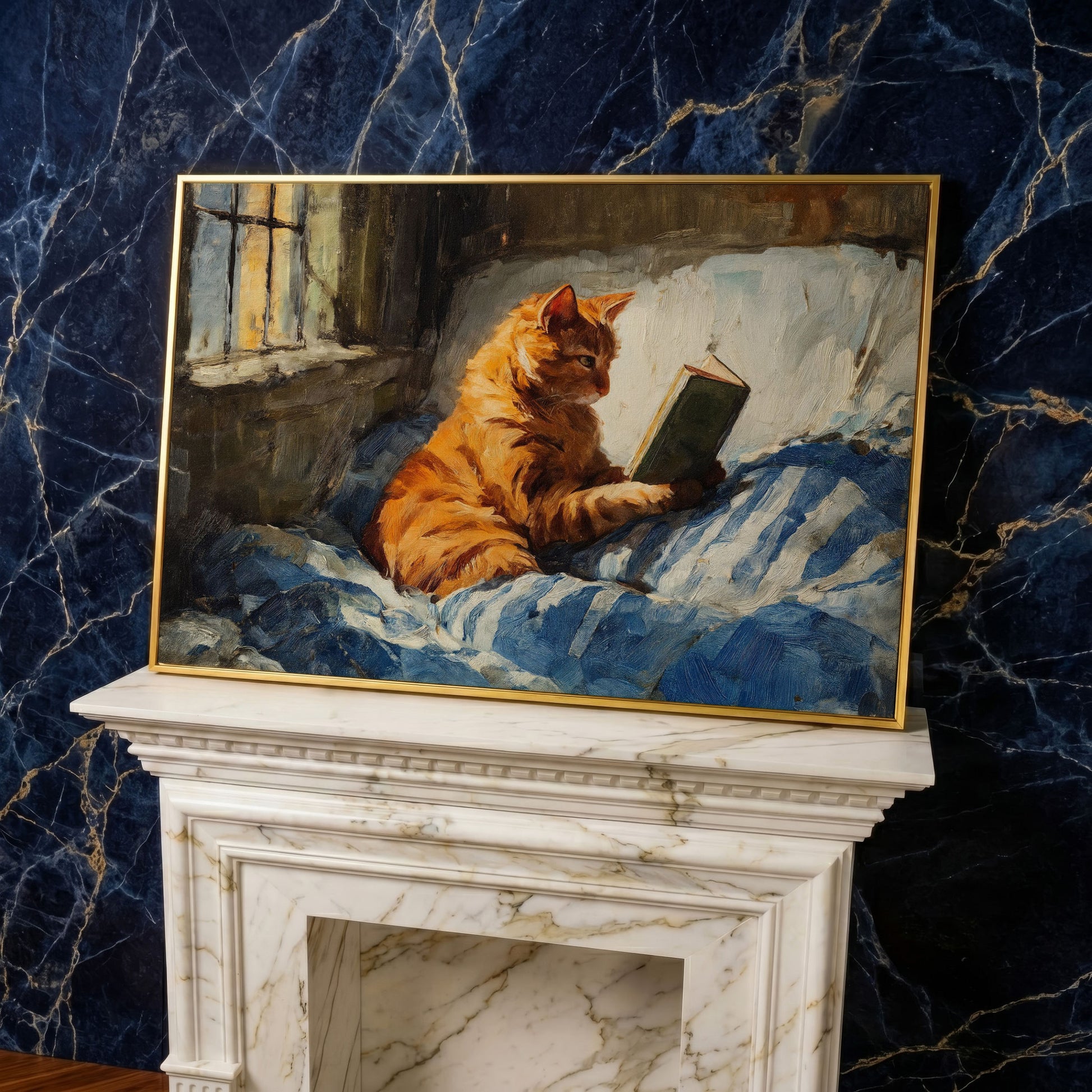 Orange Tabby Cat Reading in Bed Canvas Wall Art in yellow gold floating frame