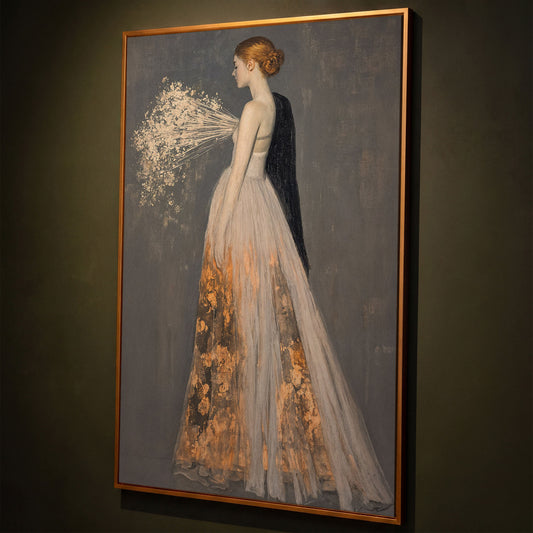 Flowing Gown Figure Canvas Print, Dark Feminine Portrait Art shown in antique gold floating frame