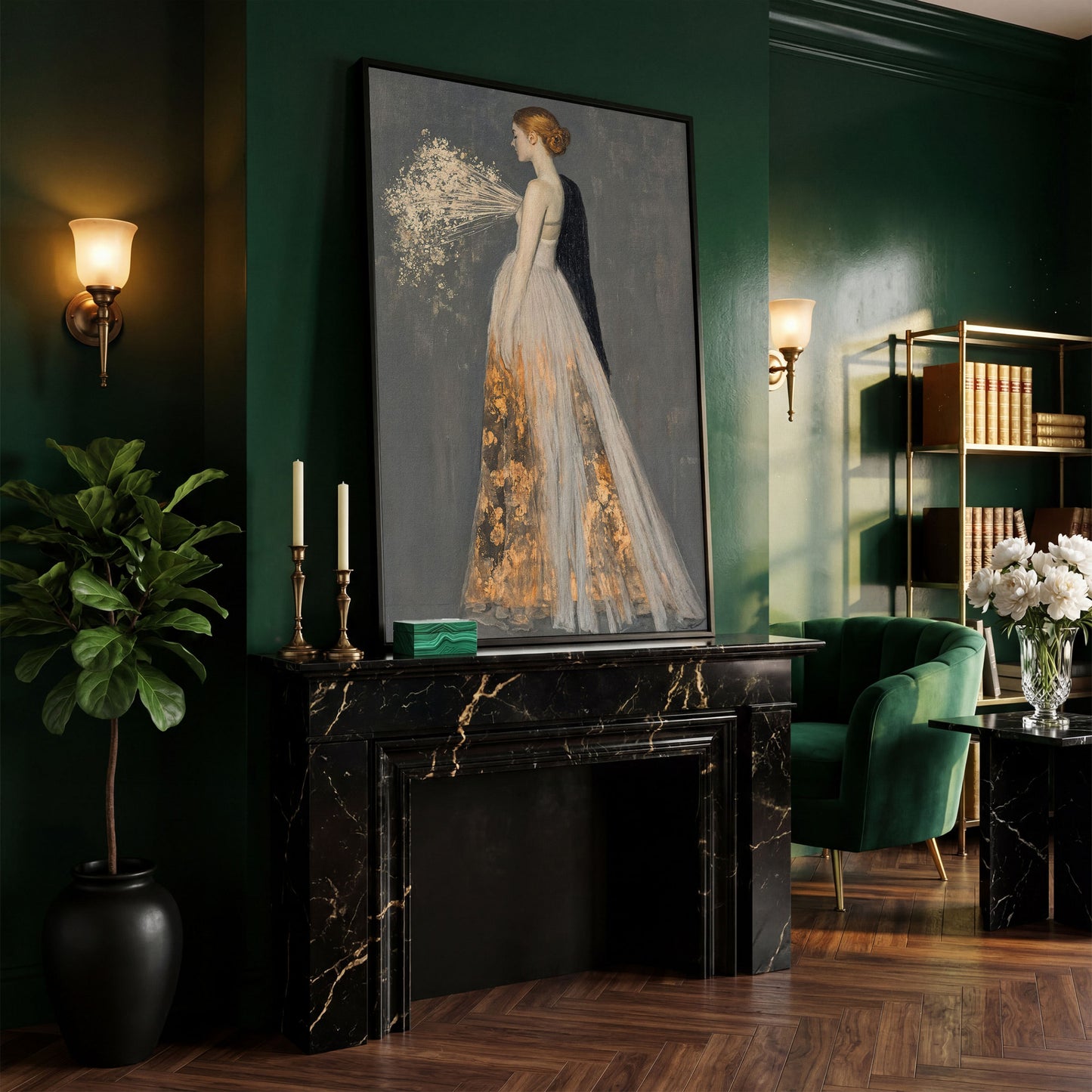 Flowing Gown Figure Canvas Print, Dark Feminine Portrait Art in black floating frame