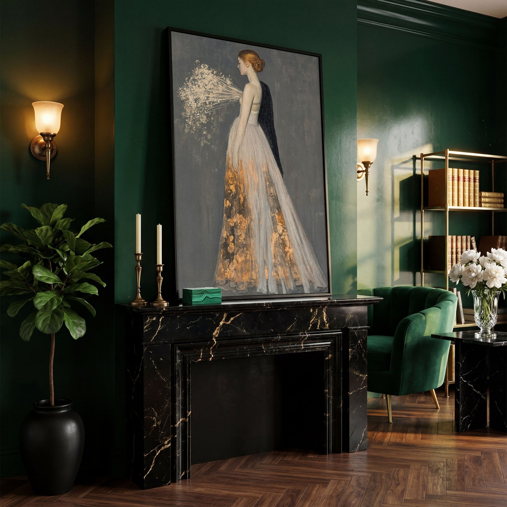 Flowing Gown Figure Canvas Print, Dark Feminine Portrait Art in black floating frame