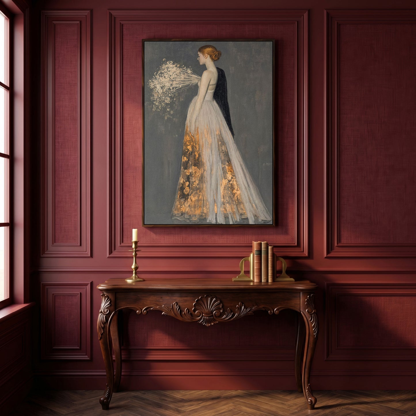 Flowing Gown Figure Canvas Print, Dark Feminine Portrait Art in dark walnut floating frame