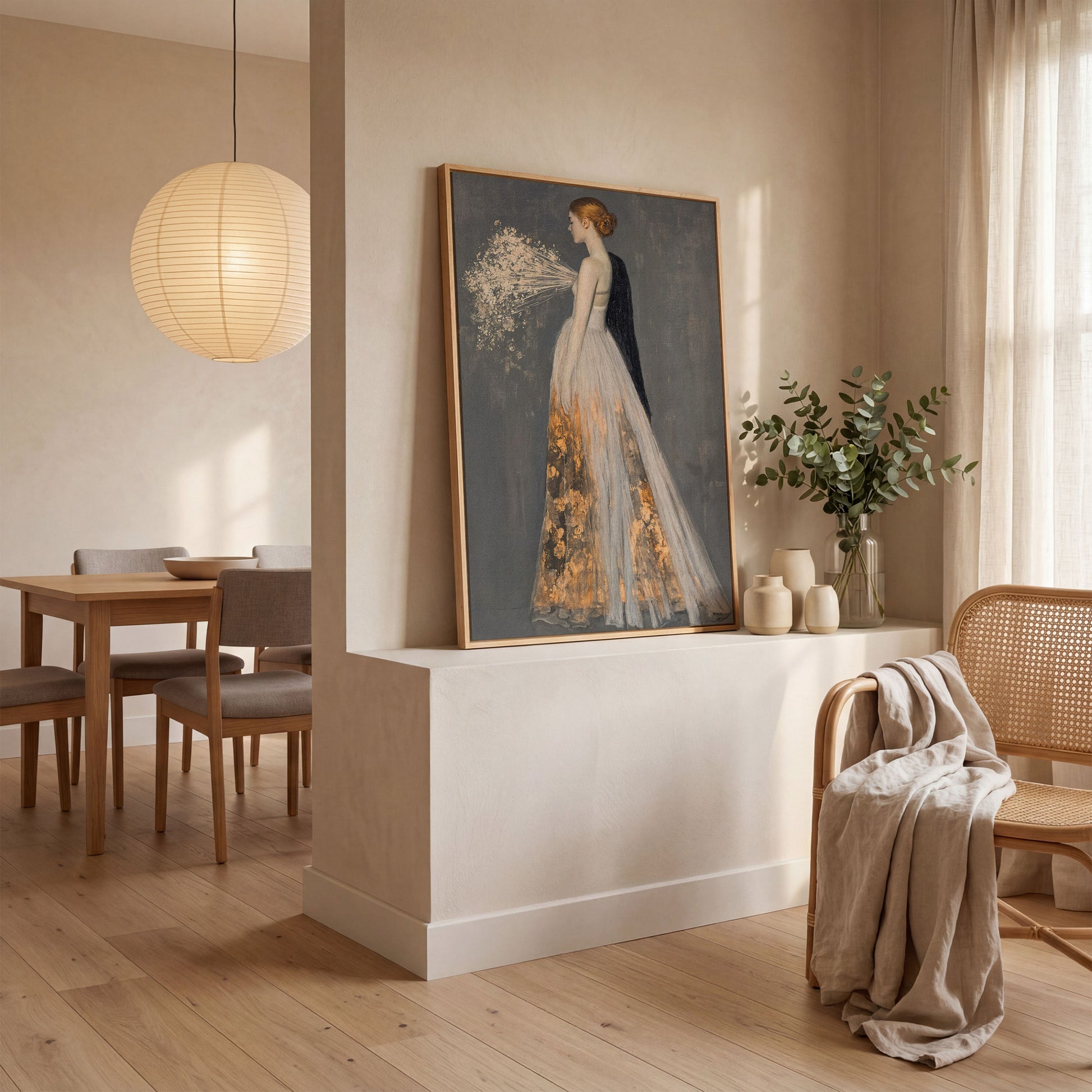 Flowing Gown Figure Canvas Print, Dark Feminine Portrait Art in white oak floating frame