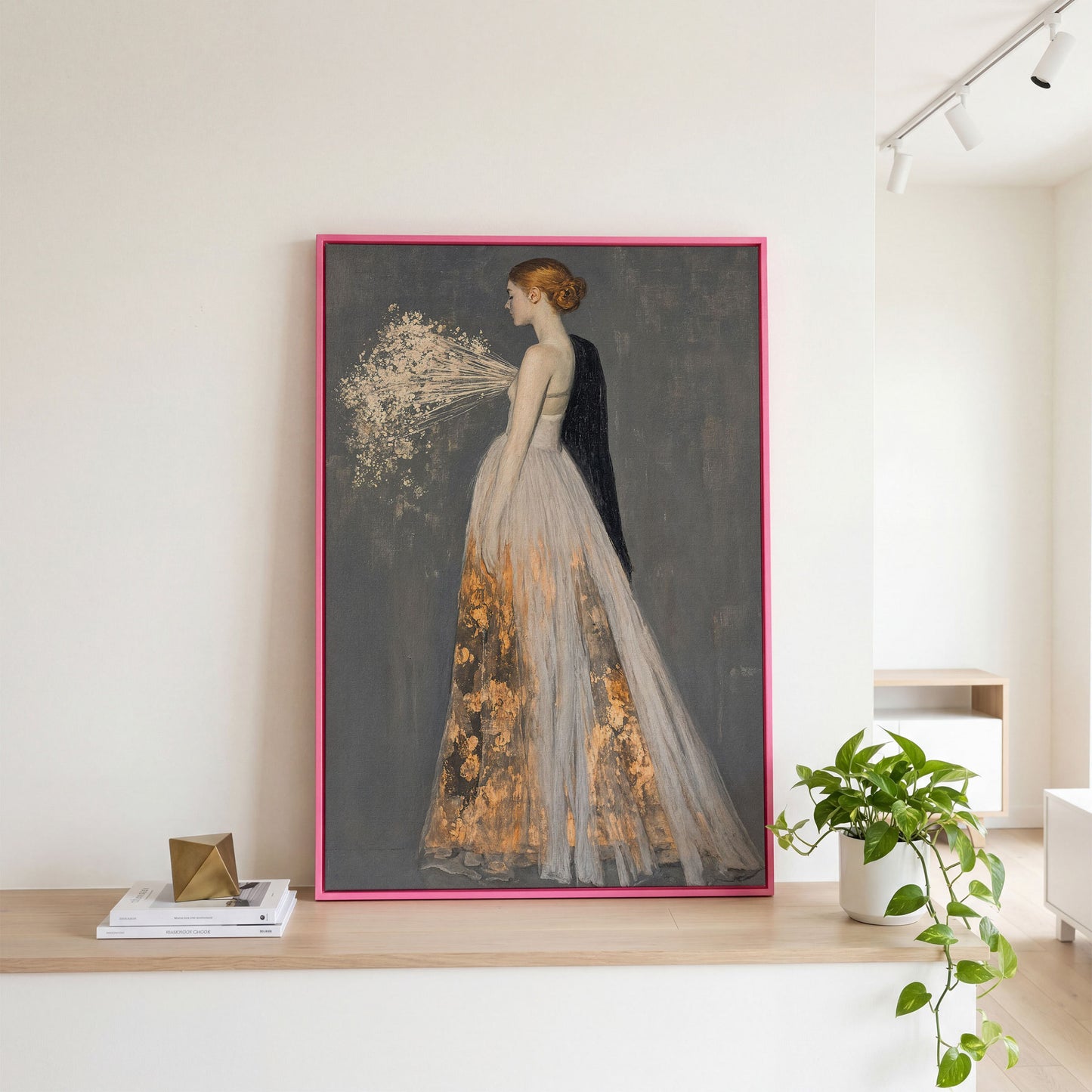 Flowing Gown Figure Canvas Print, Dark Feminine Portrait Art in pink floating frame
