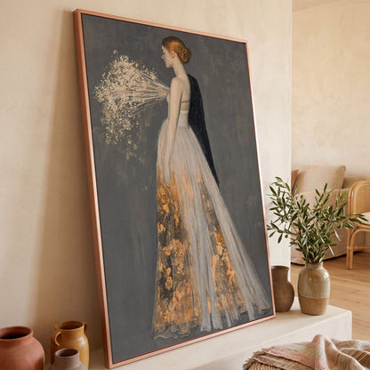 Flowing Gown Figure Canvas Print, Dark Feminine Portrait Art in rose gold floating frame