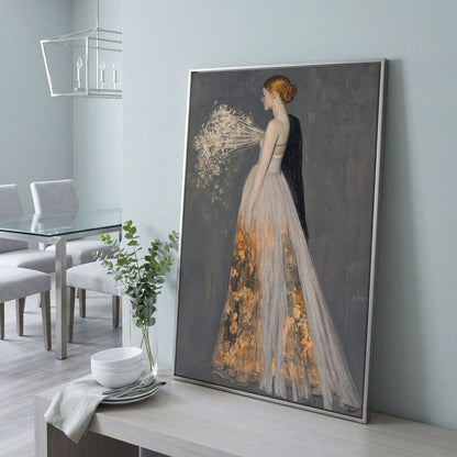 Flowing Gown Figure Canvas Print, Dark Feminine Portrait Art in silver floating frame