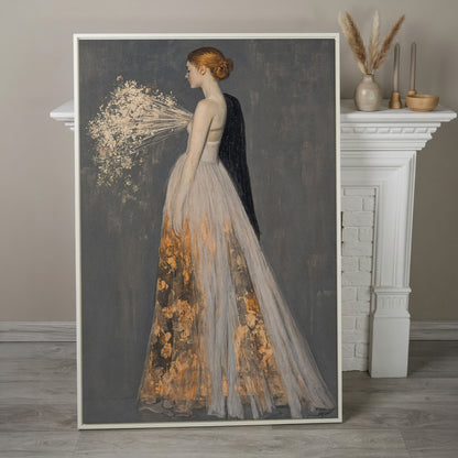 Flowing Gown Figure Canvas Print, Dark Feminine Portrait Art in white floating frame