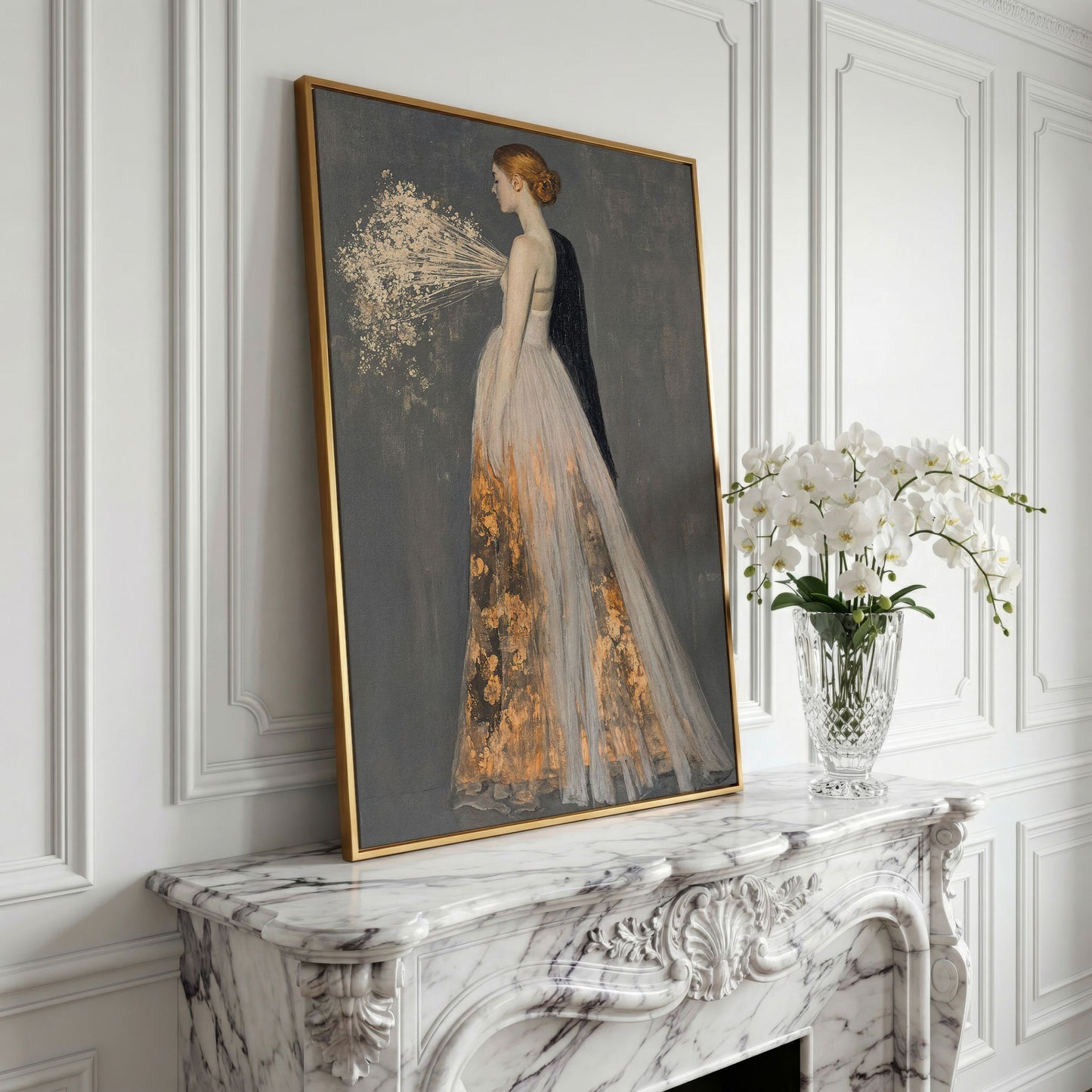 Flowing Gown Figure Canvas Print, Dark Feminine Portrait Art in yellow gold floating frame