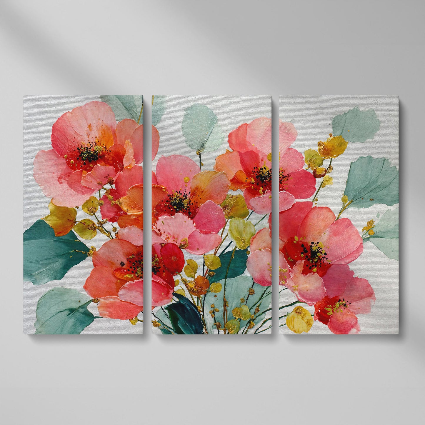 Pink and Coral Poppy Bouquet with Eucalyptus Canvas Art as 3-panel split version