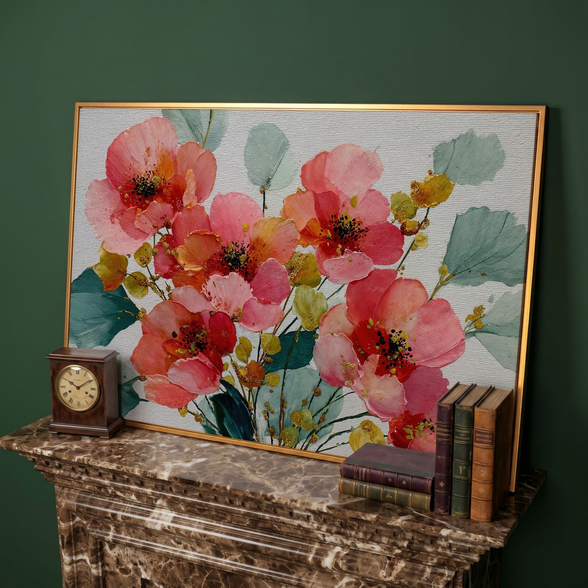 Pink and Coral Poppy Bouquet with Eucalyptus Canvas Art in antique gold floating frame