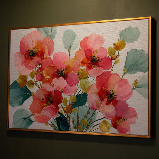 Pink and Coral Poppy Bouquet with Eucalyptus Canvas Art shown in antique gold floating frame