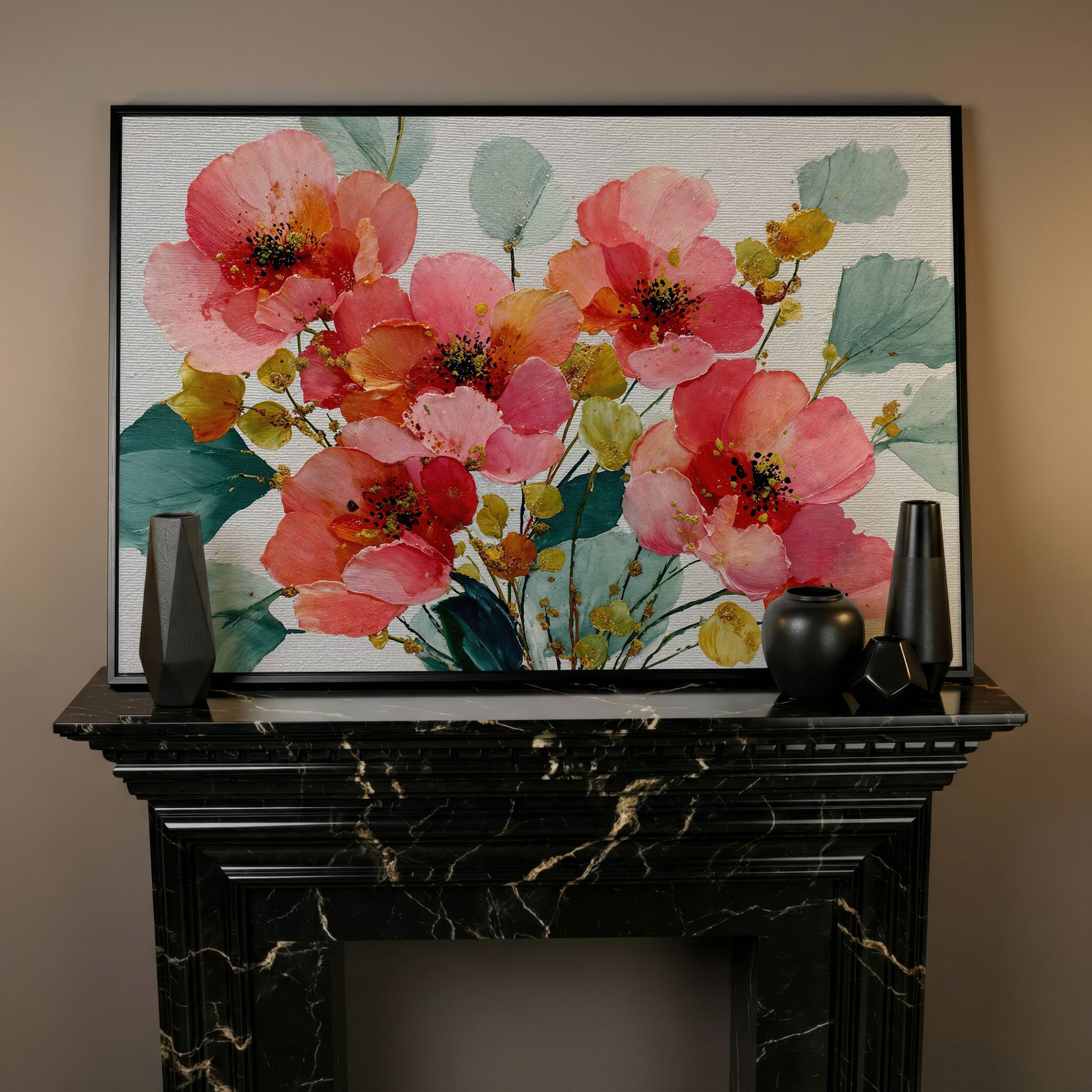 Pink and Coral Poppy Bouquet with Eucalyptus Canvas Art in black floating frame