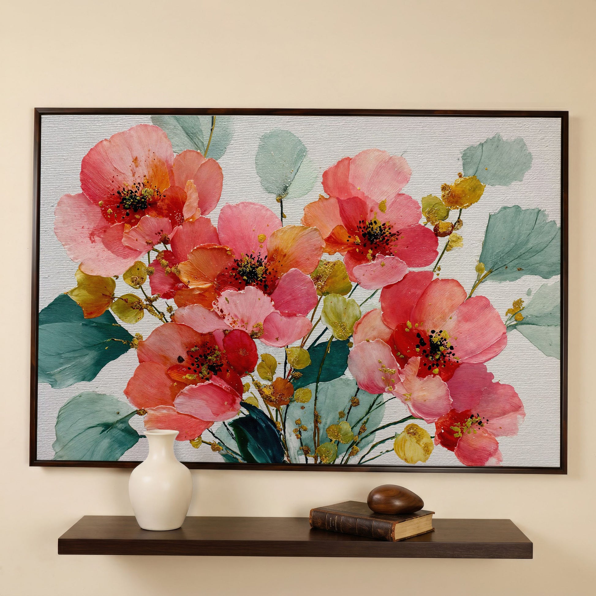 Pink and Coral Poppy Bouquet with Eucalyptus Canvas Art in dark walnut floating frame