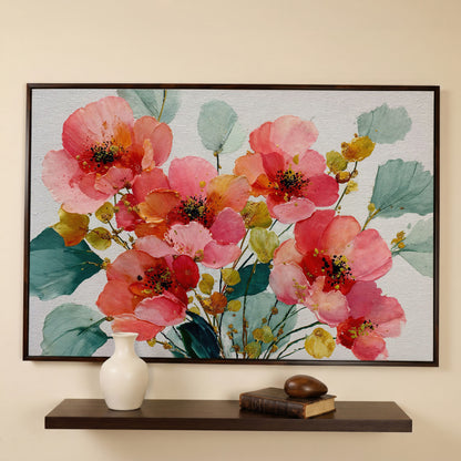 Pink and Coral Poppy Bouquet with Eucalyptus Canvas Art in dark walnut floating frame