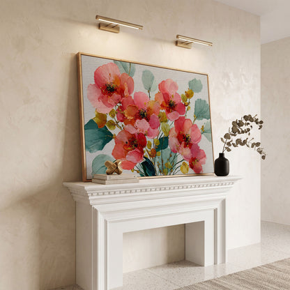 Pink and Coral Poppy Bouquet with Eucalyptus Canvas Art in white oak floating frame