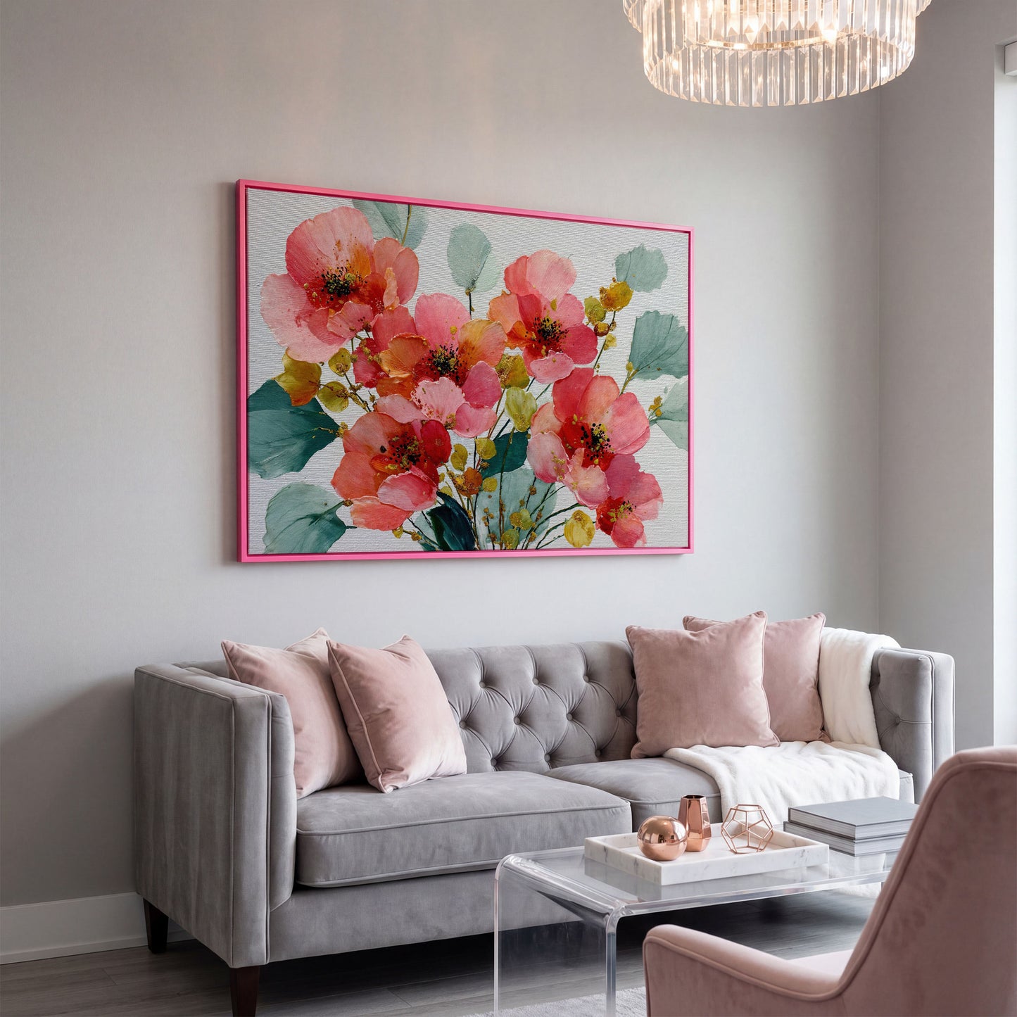 Pink and Coral Poppy Bouquet with Eucalyptus Canvas Art in pink floating frame