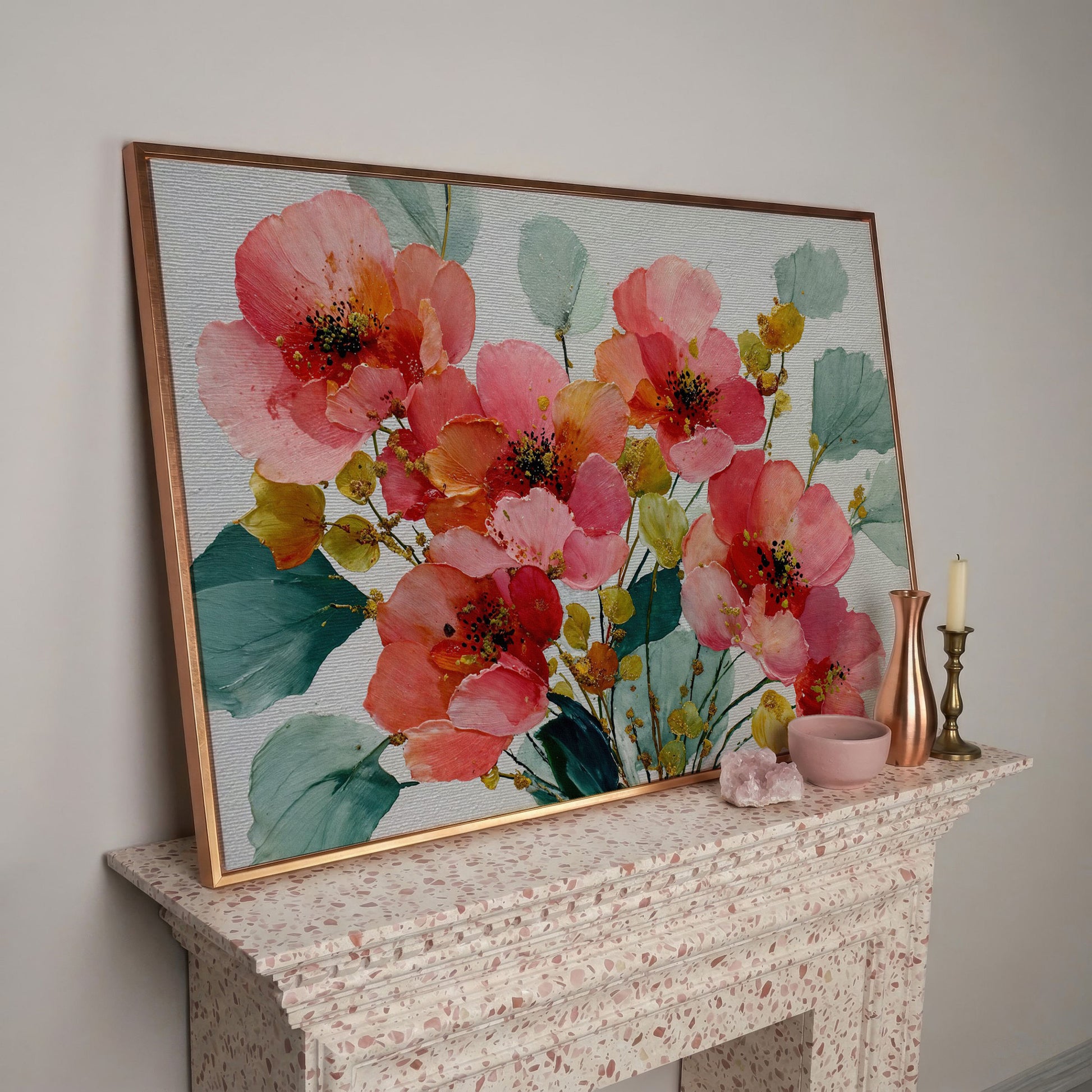 Pink and Coral Poppy Bouquet with Eucalyptus Canvas Art in rose gold floating frame