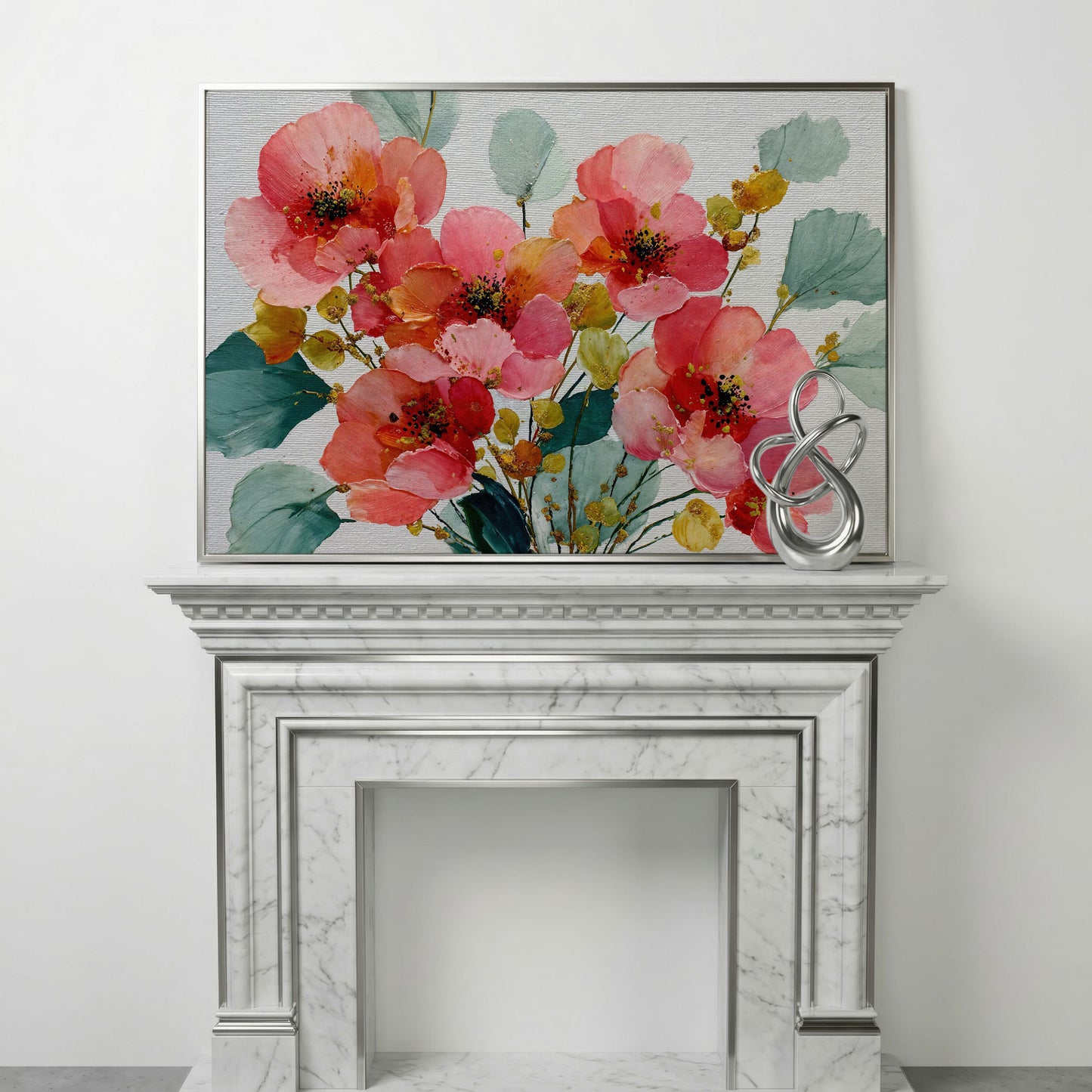 Pink and Coral Poppy Bouquet with Eucalyptus Canvas Art in silver floating frame